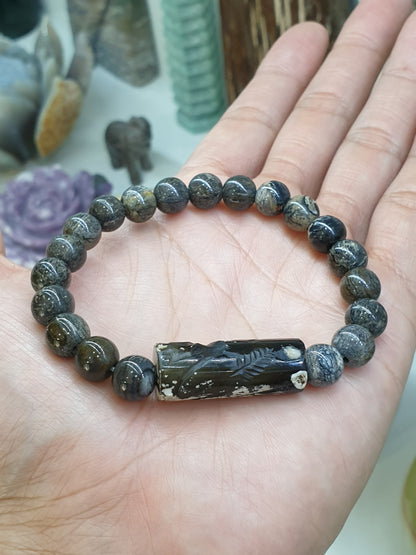 Vintage Intaglio Stamp Cylinder on Stegodon Fossil Beads Bracelet 17cm Natural Stones