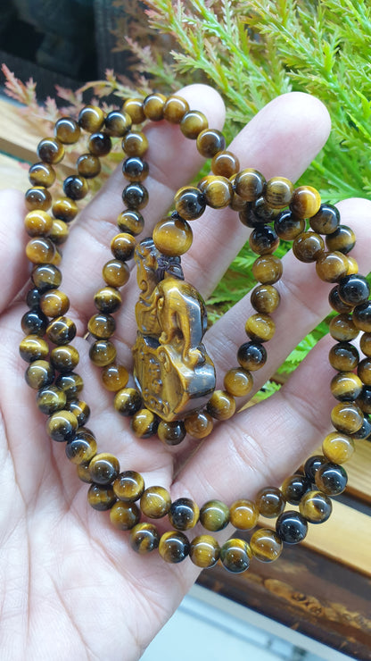 Tiger Eye Wealth Keeper Pixiu Necklace 26inch Natural Gemstone Handcrafted Jewelry
