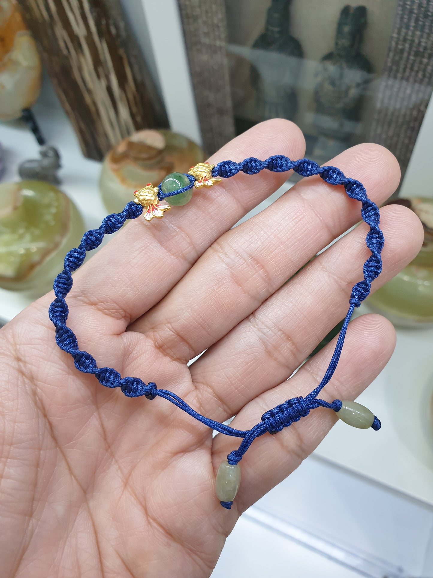 Jade & Fish Woven Bracelet (Adjustable) | Pure 24K Gold | Fei Cui - Type A Jadeite