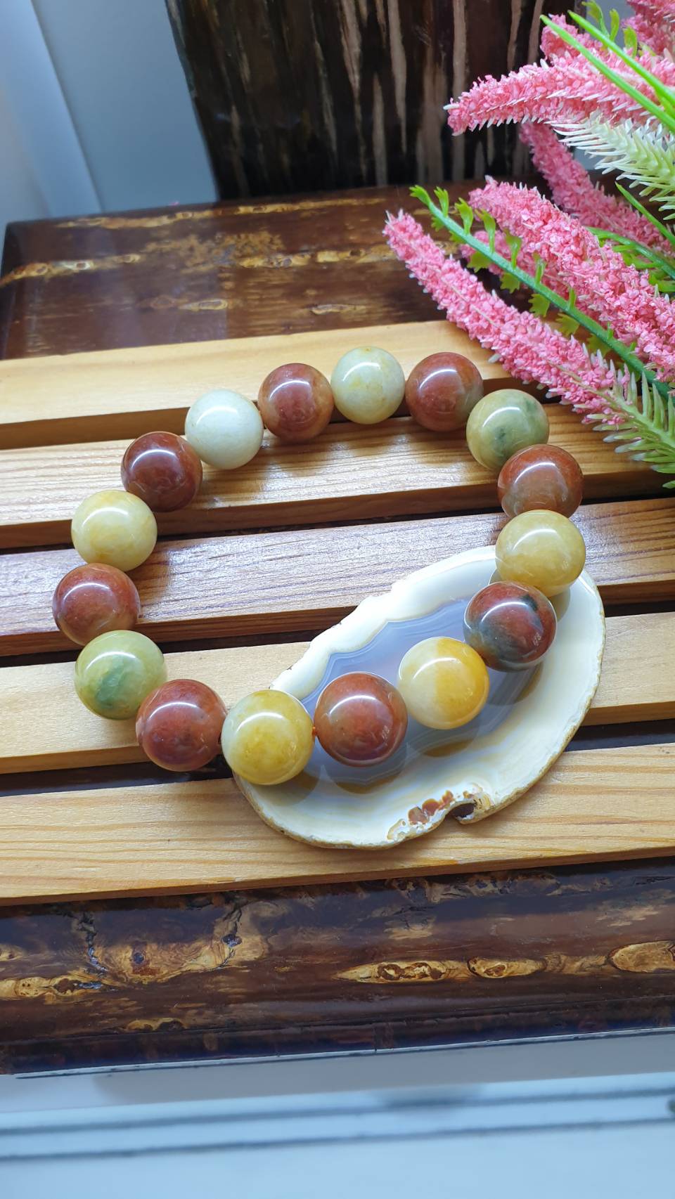 Honey and Red Jade Handmade Beads Bracelet 17cm Type A Natural Myanmar Jadeite