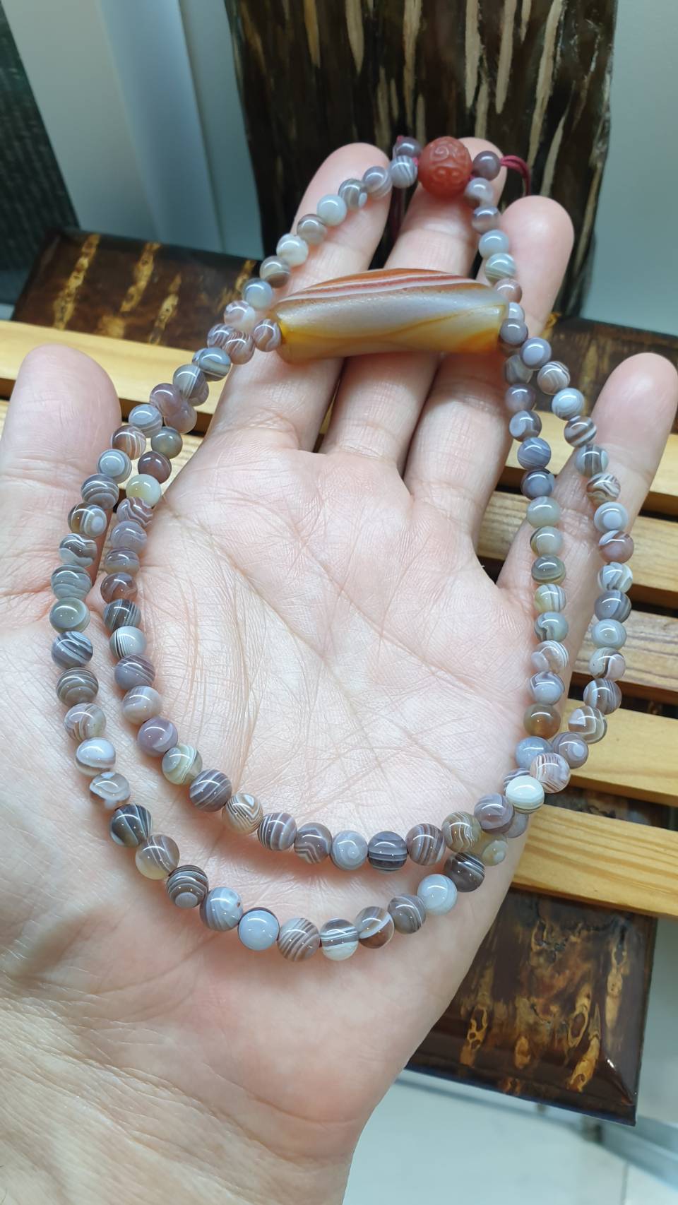 Onyx Dzi Beaded Necklace 26 inch  | Naturally Banded Gemstone Beads