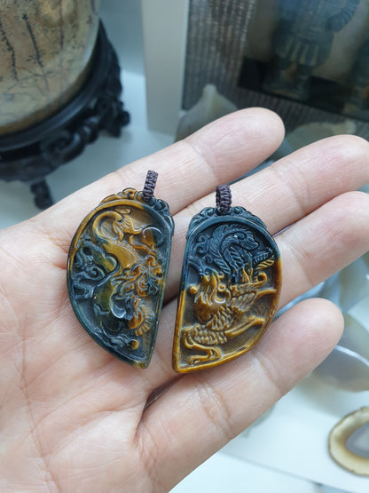 Dragon & Phoenix Paired Pendants | Natural Tiger's Eye Stone | Handwoven Thread Bail