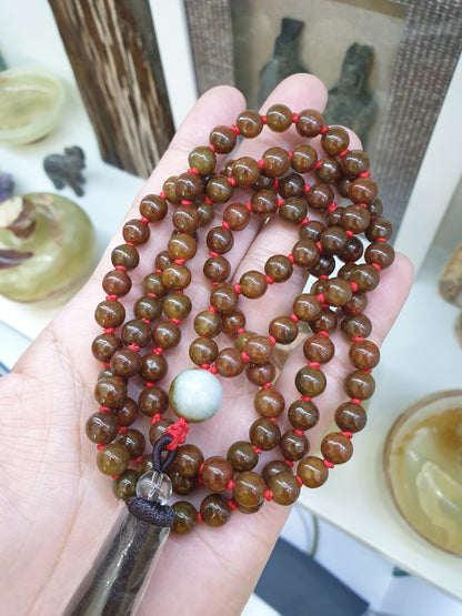108 Beads Brown Jade Japa Mala | Type A Natural Jadeite | Handcrafted Meditation Beads