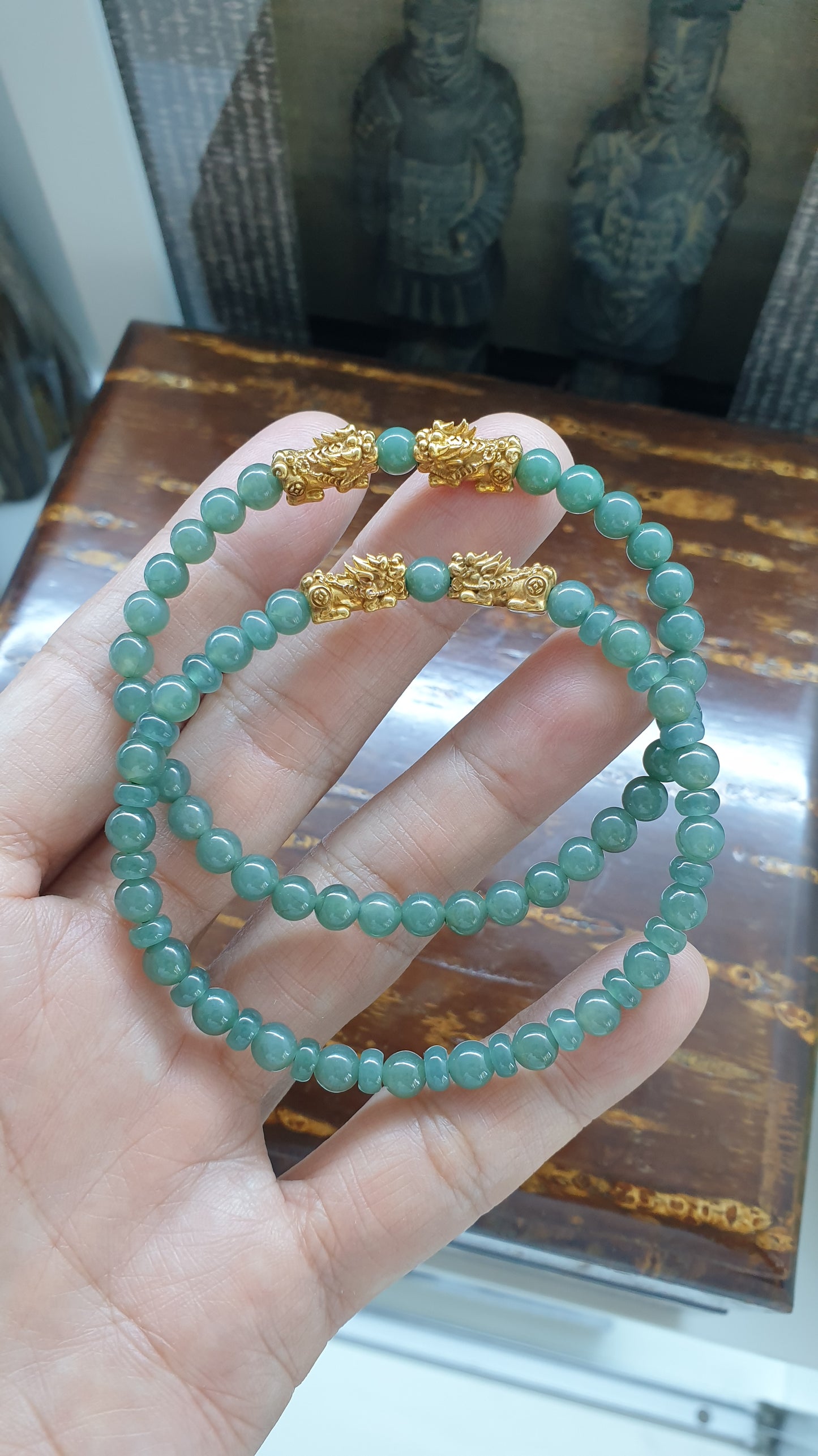 Fortune Dragon Wealth Bracelets | Solid 9K Gold Pixiu | Fei Cui - Type A Jadeite Beads