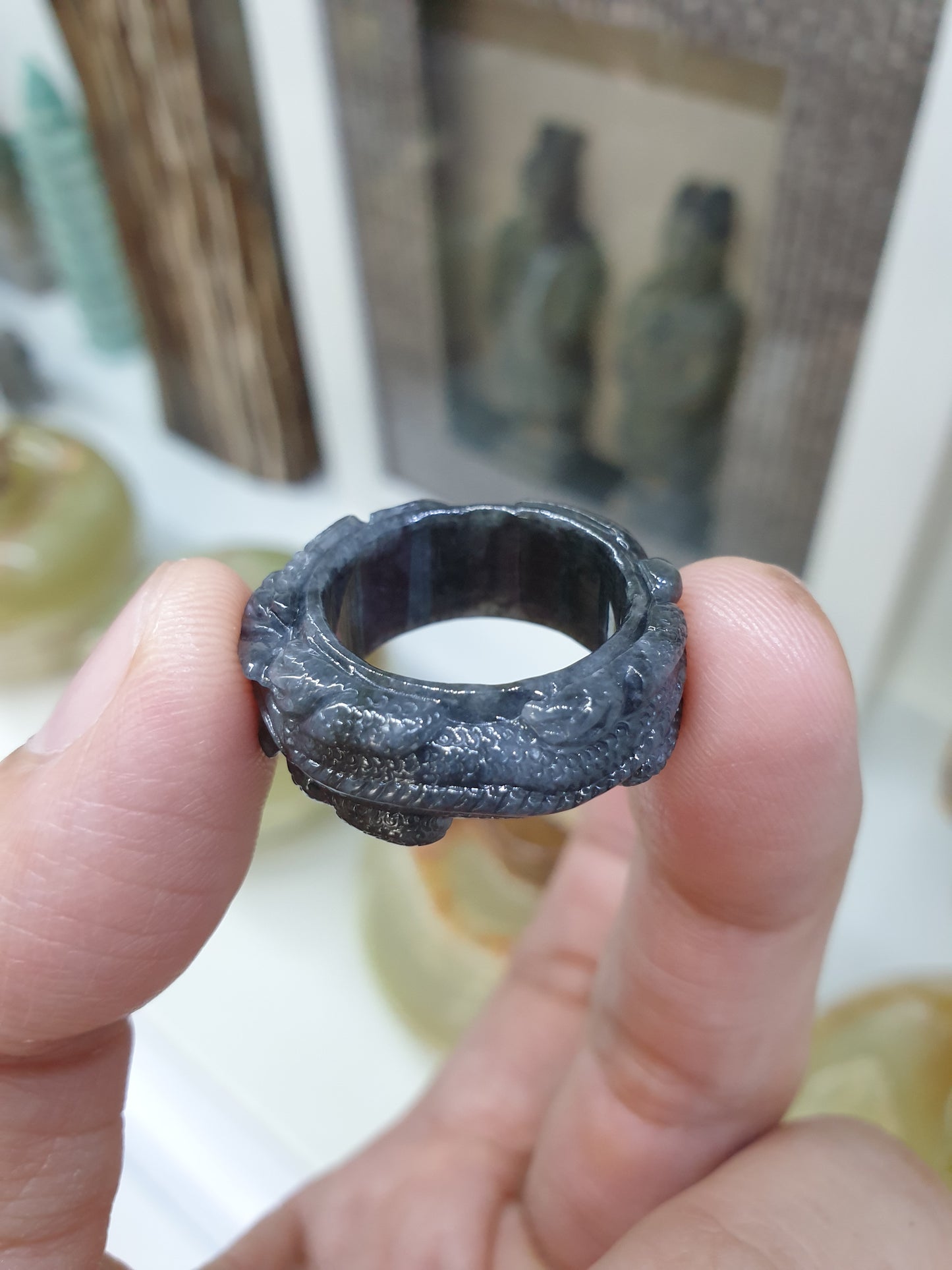 Type A Natural Black Jadeite Carved Dragon Ring - US Size 7.5