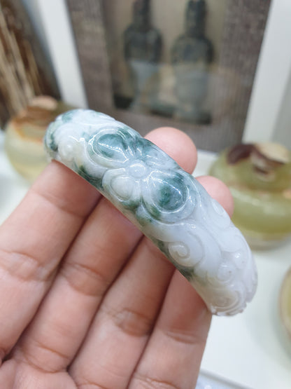 Jade Floral Half Bangle Red Thread Bracelet (Adjustable) | Fei Cui - Type A - Jadeite