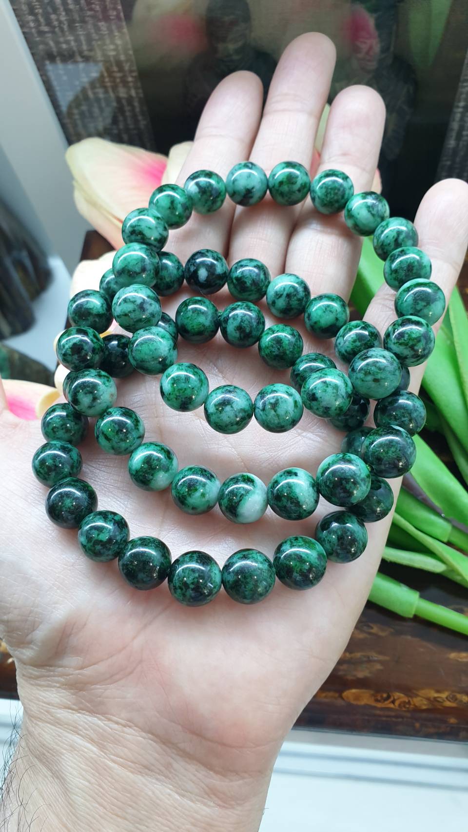 Natural Marbled Green Jadeite Bracelet 18cm with 11mm Beads - Selection