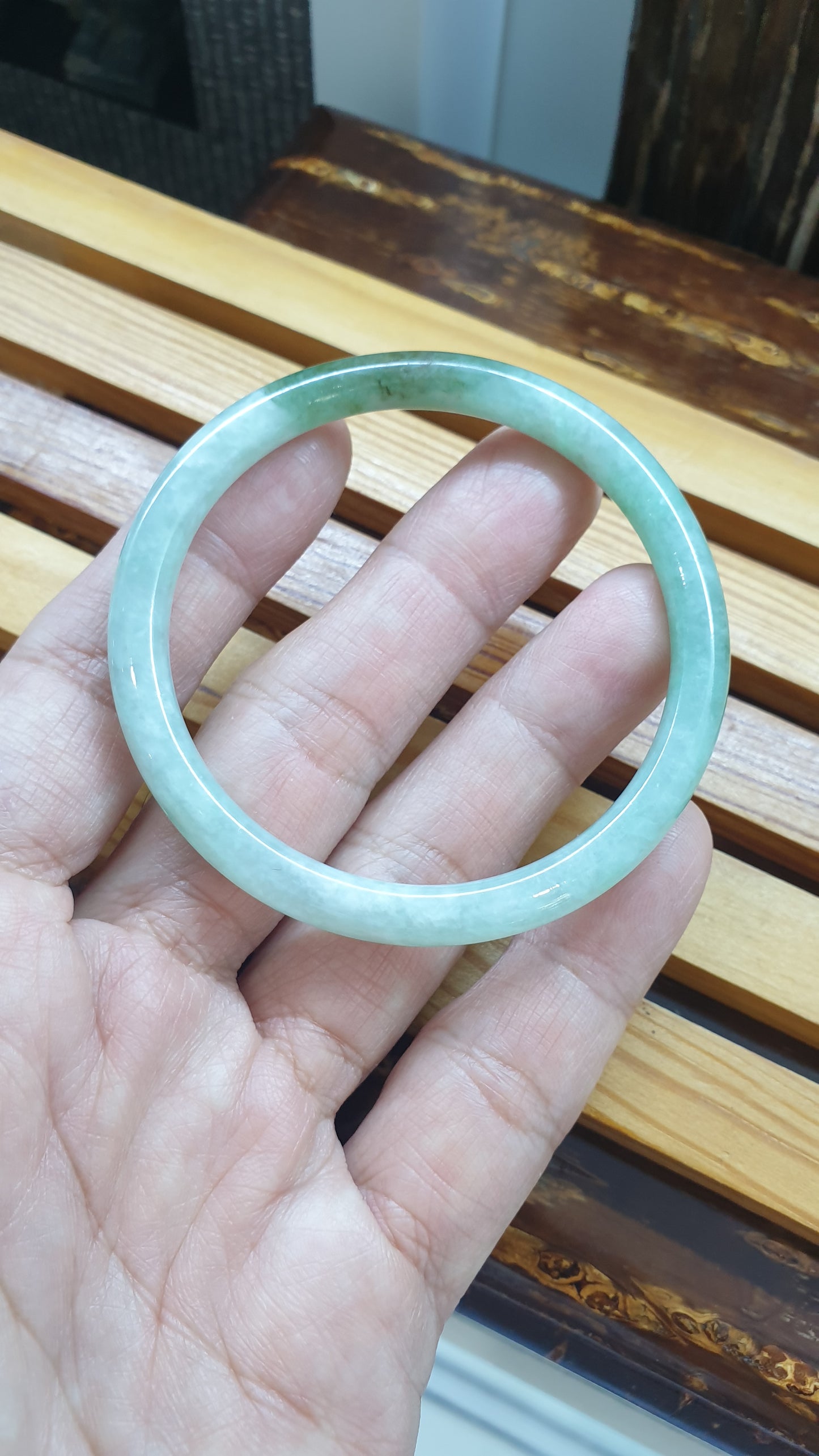 Jade Cylindrical Slim Bangle S56 Type A  Myanmar Jadeite Natural Light Green