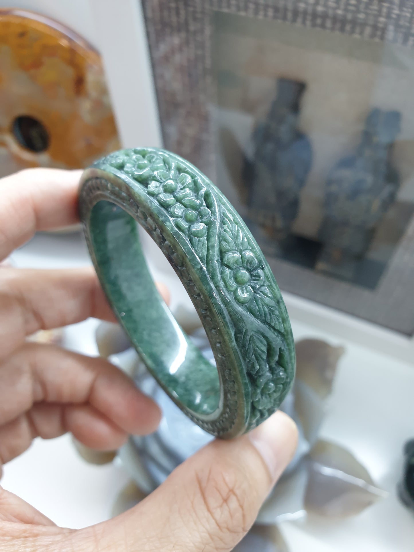 Vintage Myanmar Jade Floral Bangle S56 Fei Cui Natural Jadeite