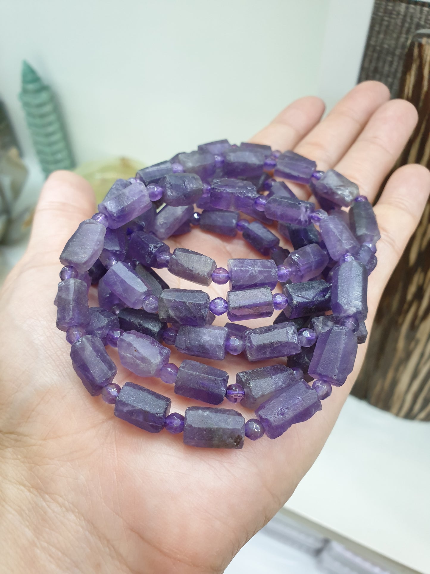 Amethyst Stretch Bracelets 17cm, Natural Gemstone Rugged Cylinder Beads