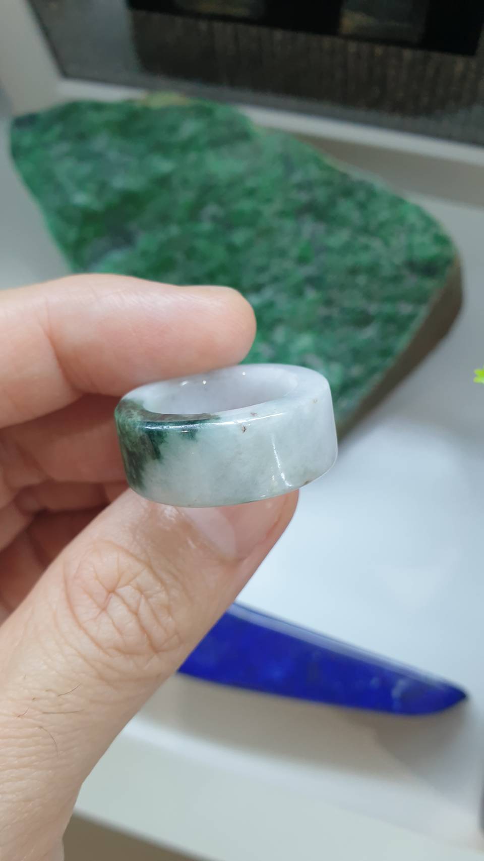White Jade Ring 8.5US Natural Green Moss Fei Cui Type A Myanmar Jadeite