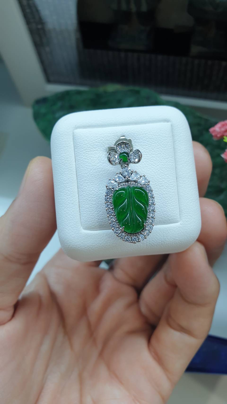 Jade Leaf Sterling Silver Locket Pendant Type A Natural Imperial Green Jadeite