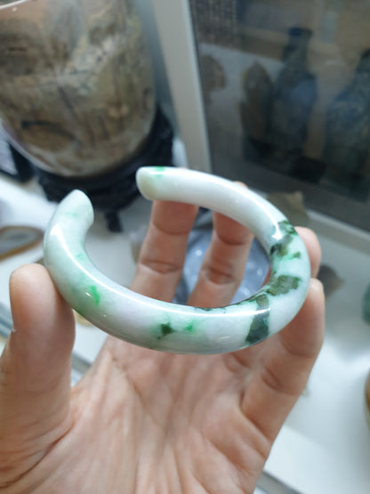 Jade Cylindrical Cuff Bangle Size 55 - 56 Moss in Snow Natural Jadeite