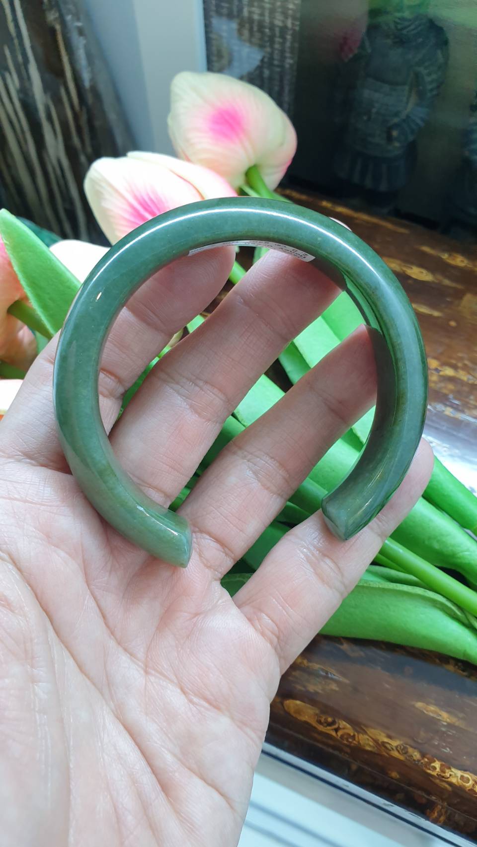 Jade Cuff Bangle Size 58 - 59 Type A - Natural Leaf Green Jadeite