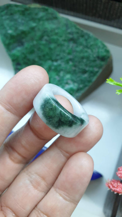 White Jade Ring 8.5US Natural Green Moss Fei Cui Type A Myanmar Jadeite