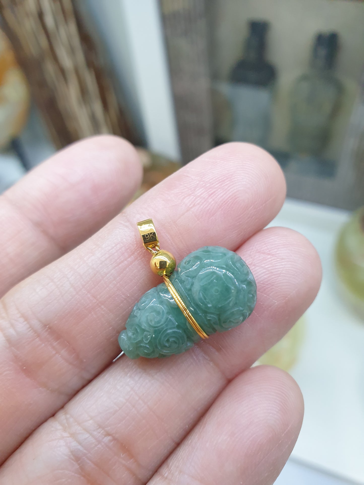 Jade Wu Lou Pendant | 9K Gold & Fei Cui - Type A Jadeite | Lucky Charm Jewelry