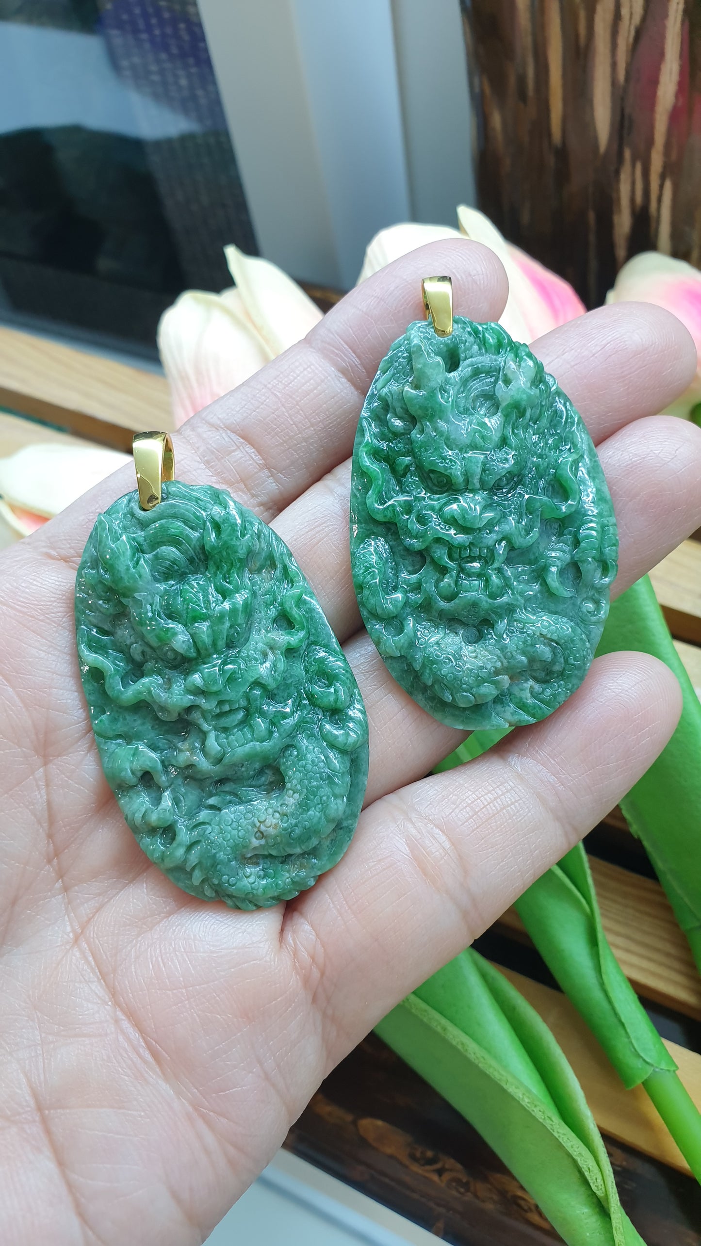 18K Gold Jade Dragon Pendant Fei Cui Type A Natural Green Jadeite