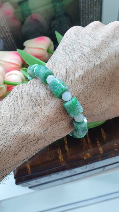 Jade Cylinder Beads Bracelets (18 cm) | Mottled Green, Type A Natural Jadeite | His or Hers Wrist Accessories