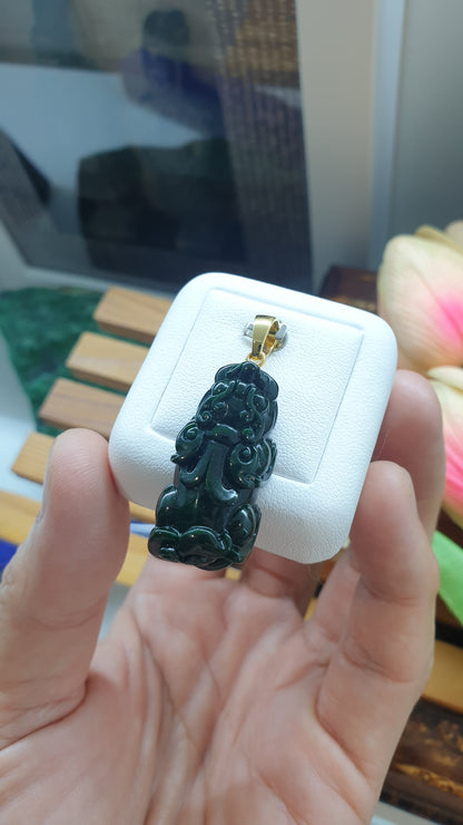 18K Gold Jade Pixiu Pendant Natural Vivid Green Fei Cui Myanmar Jadeite