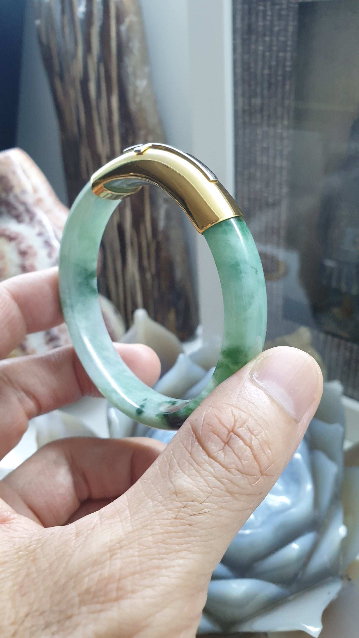 Jade Bangle with Solid 14K Gold Cross S58 Type A Natural Jadeite