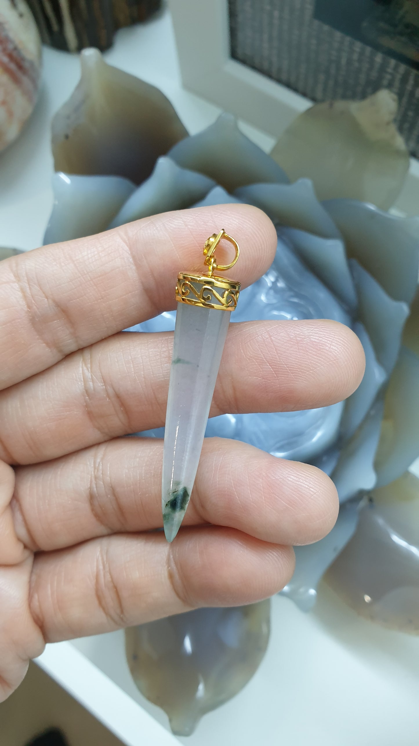 18K Gold & Icy Jade Tiger Fang Pendant | Fei Cui Type A Jadeite | His or Hers Statement Jewelry