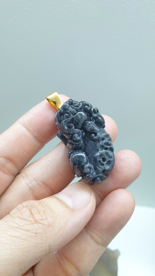 🐉 Black Jade Pixiu Pendant | Solid 14K Gold Bail | His or Hers Wealth Magnet Jewelry 💰