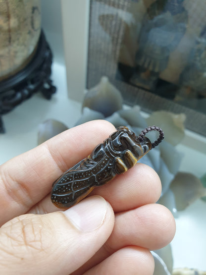 Cicada Pendant (Random Pick) | Natural Tiger's Eye Stone | Handwoven Thread Bail