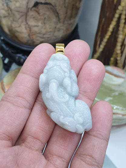 🐉White Jade Pixiu Pendant | Solid 9K Gold | Type A Natural Jadeite