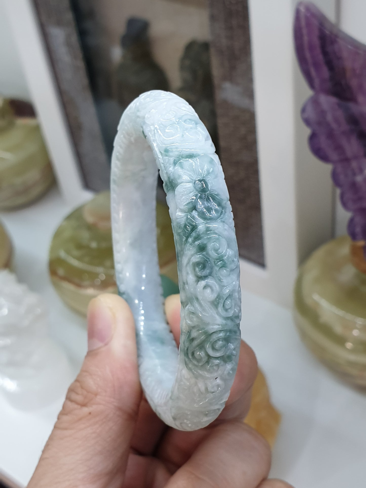 Carved Jade Floral Bangle S56 Cylindrical Type A Moss in Snow Jadeite