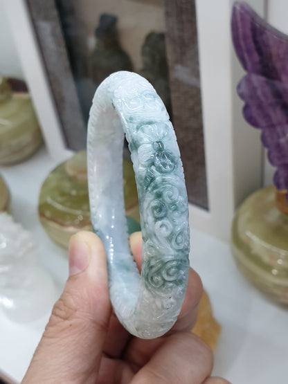 Carved Jade Floral Bangle S56 Cylindrical Type A Moss in Snow Jadeite