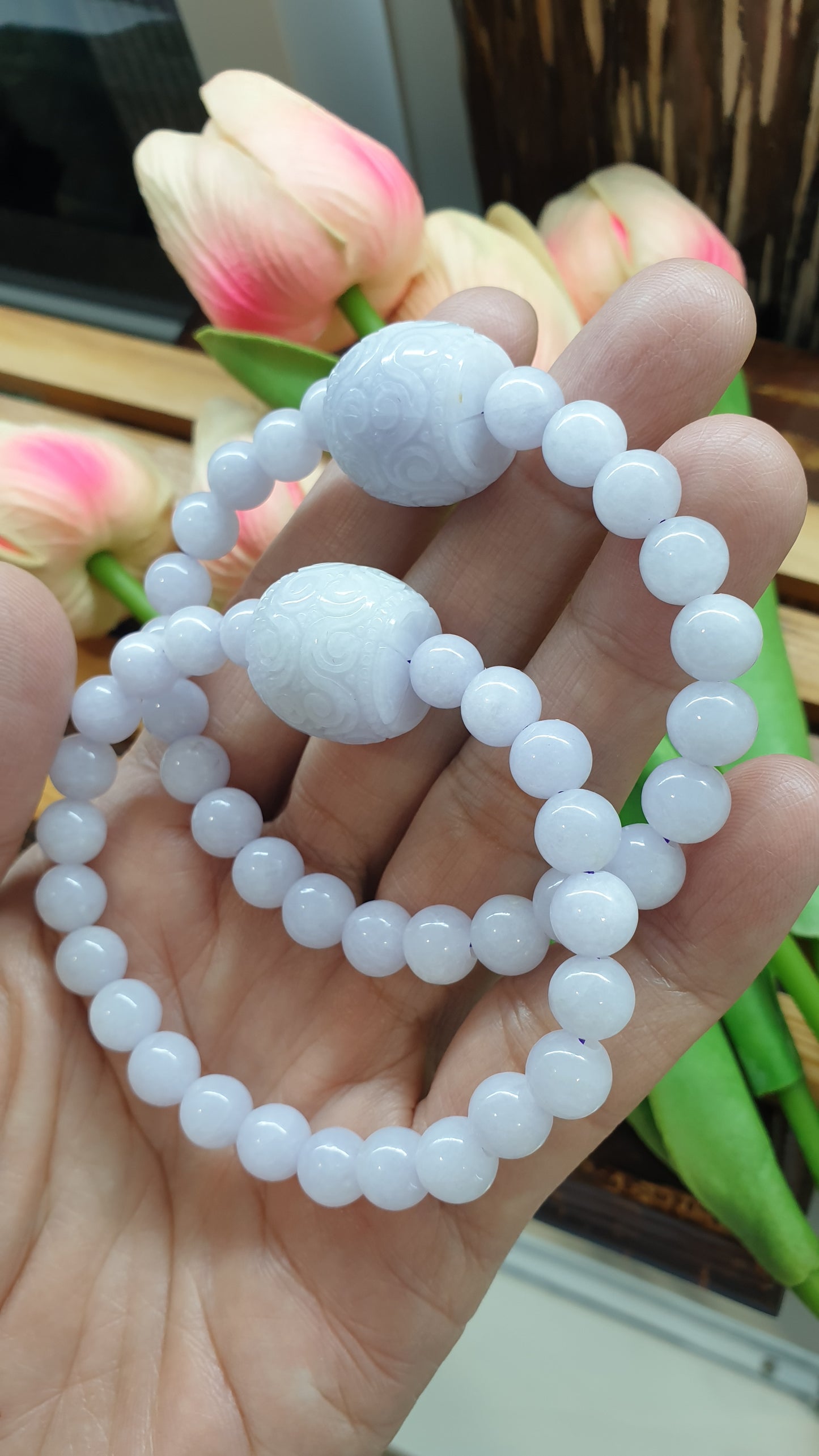 Ru Yi Lavender Jade Bracelet 17cm Type A Myanmar Jadeite Handmade Beads