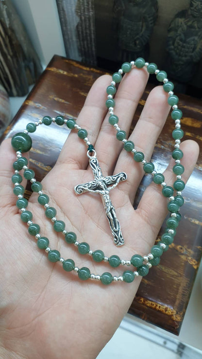 Jade Beads Rosary (24.5 inch) | Type A Natural Blue-Green Jadeite + Sterling Silver Crucifix