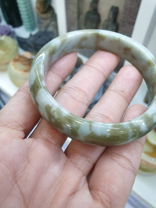 Honey Green Marbled Jade Bangle S58.5 Fei Cui Type A Myanmar Jadeite