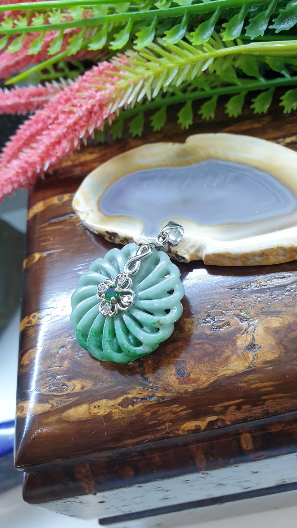 Jade Ventilator Sterling Silver Pendant Type A Green Jadeite Natural Two Tone