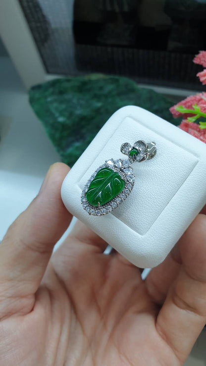 Jade Leaf Sterling Silver Locket Pendant Type A Natural Imperial Green Jadeite