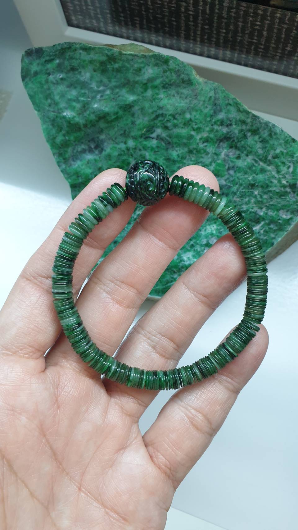 Unique Jade Bracelet 17cm Type A Disc and Ru Yi Beads Natural Green Myanmar Jadeite