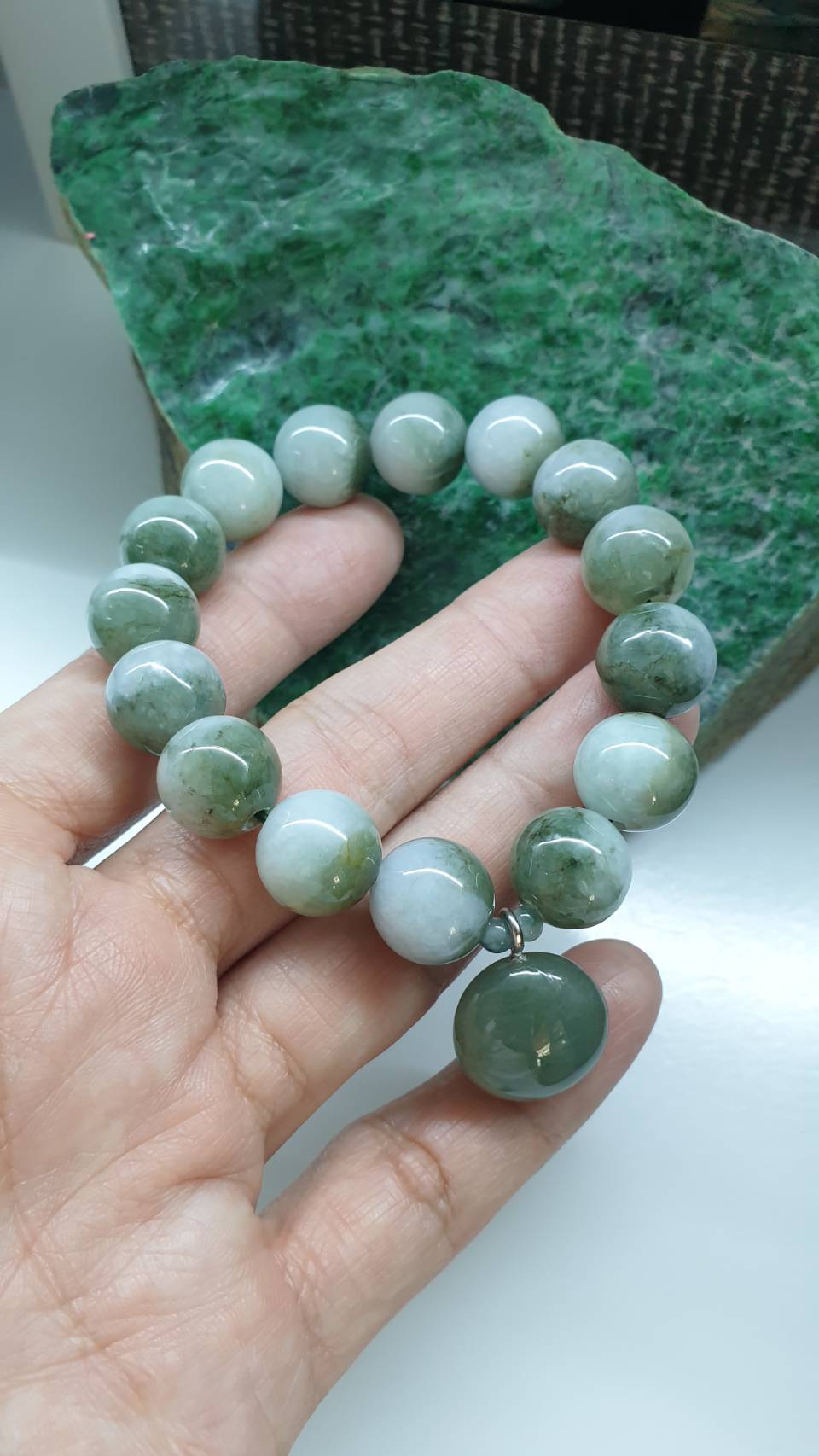 Single Charm Jade Bracelet 17cm Myanmar Natural Jadeite Type A Two Tone Beads