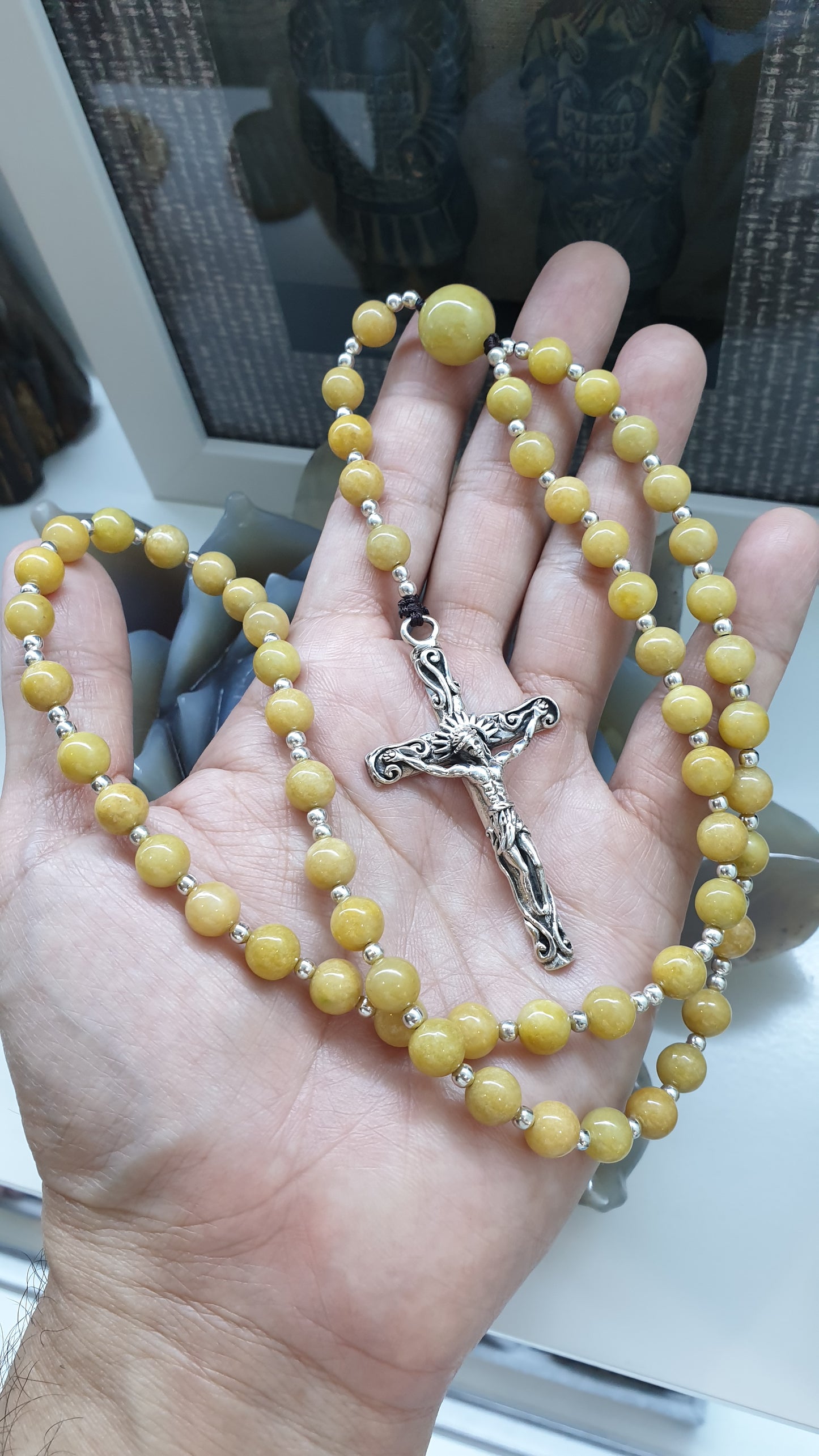 Yellow Jade Rosary Beads Necklace | Fei Cui Type A Jadeite + Sterling Silver | Gift Idea for Him or Her 🎁