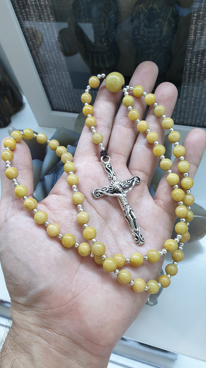 Yellow Jade Rosary Beads Necklace | Fei Cui Type A Jadeite + Sterling Silver | Gift Idea for Him or Her 🎁
