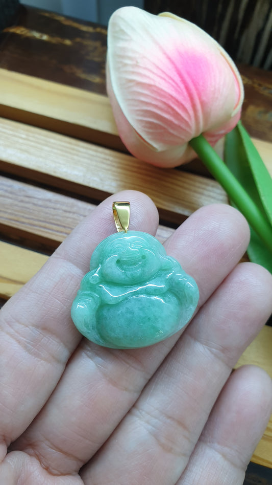 Jade Happy Buddha Pendants 9K Gold Fei Cui Type A Myanmar Jadeite