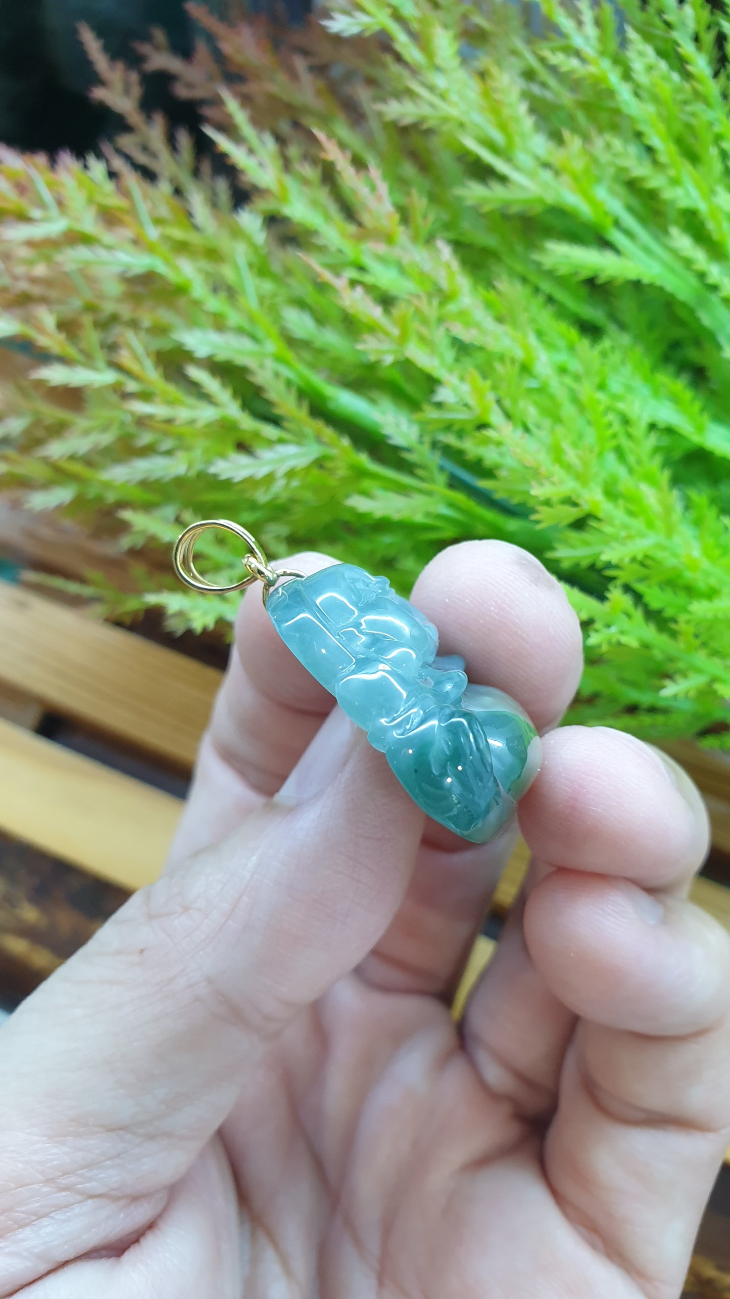 14K Solid Gold Jade Budai Prosperity Pendant Type A Natural Honey Blue Jadeite