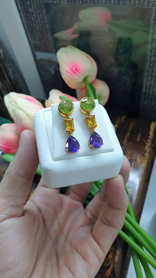 3-Stone Drop Earrings | Solid 18K Gold | Natural Peridot, Beryl & Amethyst