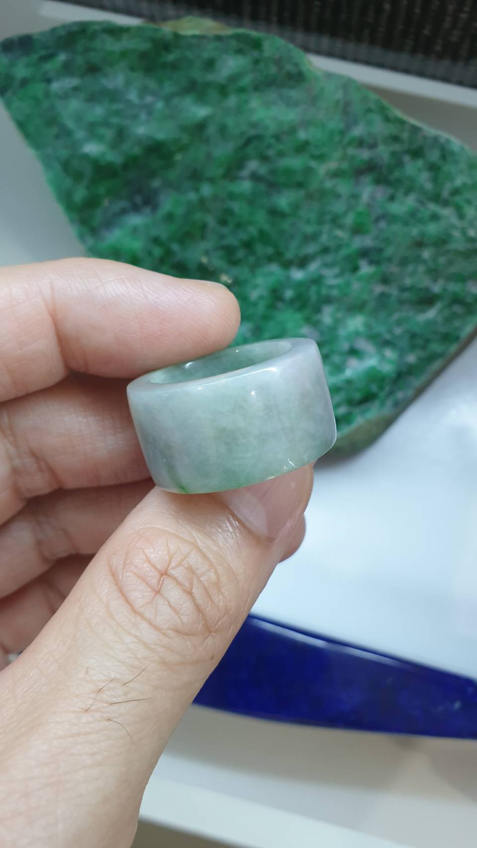 Green Jade Archers Ring 9US Elegant Gray Tone Type A Natural Myanmar Jadeite