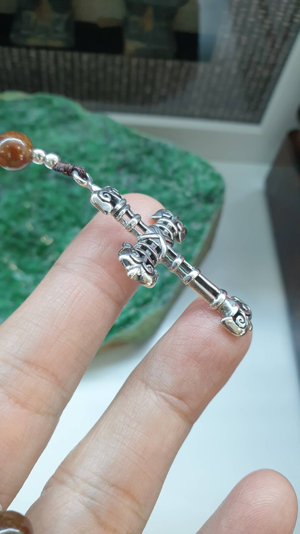Brown Jade Rosary 27in Type A Natural Myanmar Jadeite Sterling Silver Cross