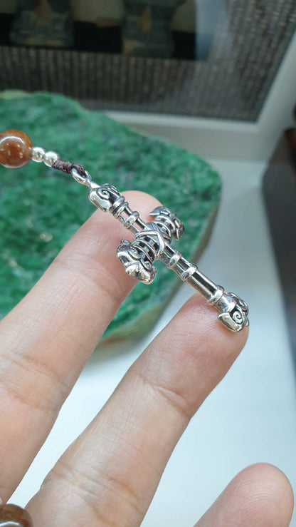 Brown Jade Rosary 27in Type A Natural Myanmar Jadeite Sterling Silver Cross
