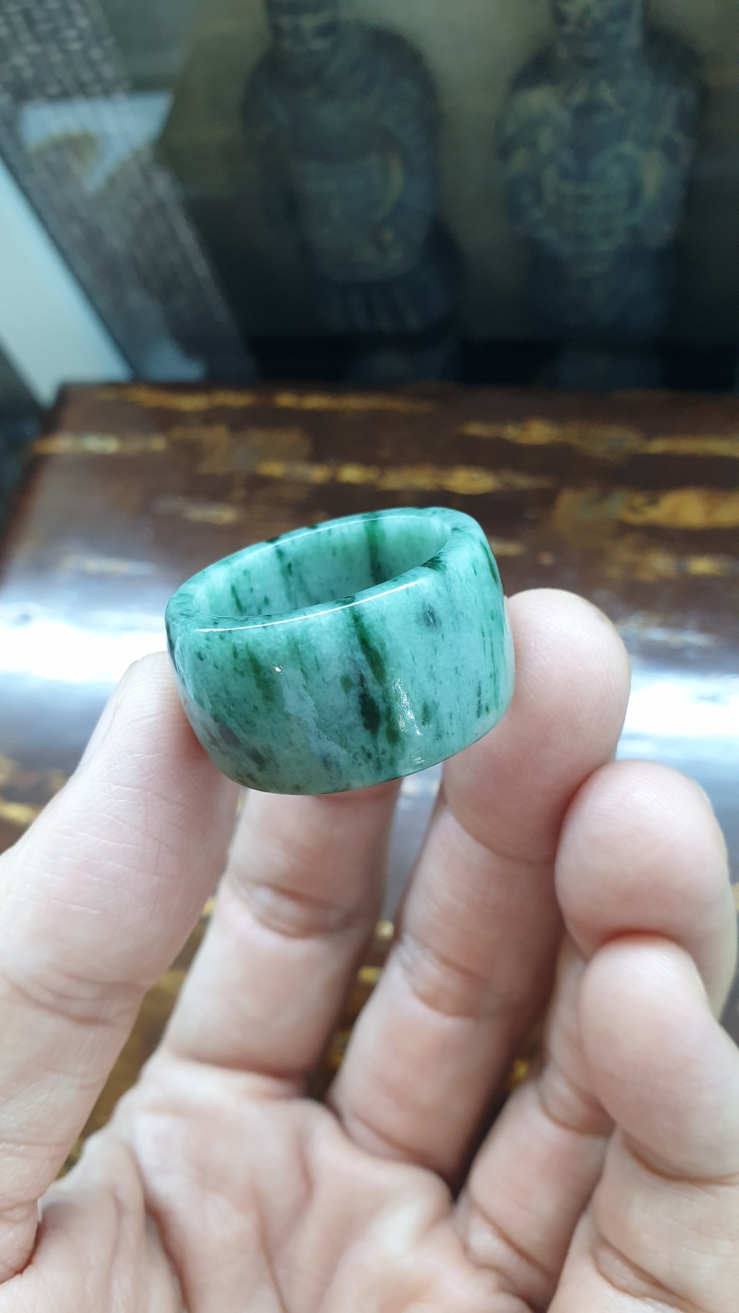 Type A Natural Jadeite Domed Ring Grayish Green Striated - US Size 13