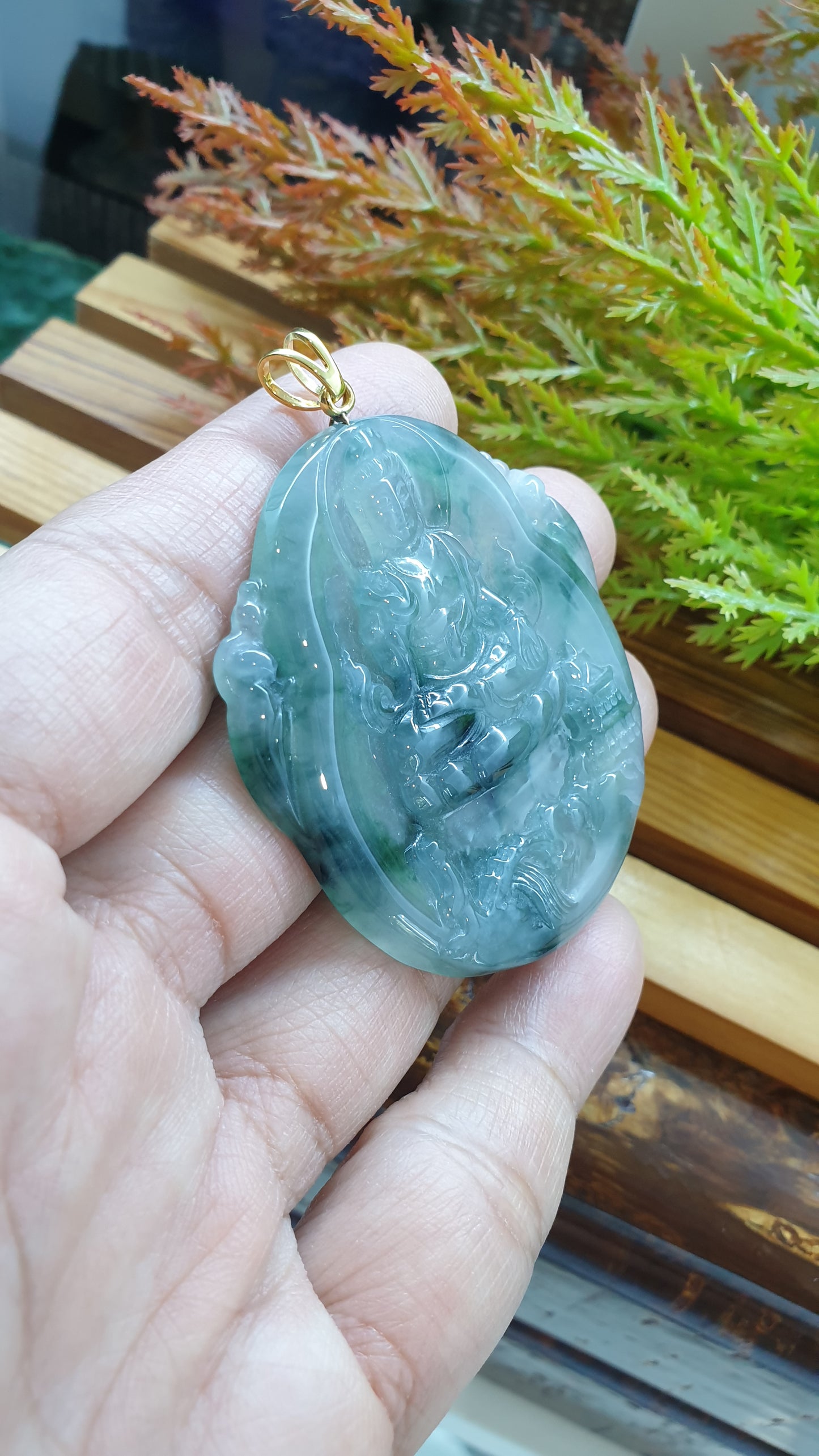 14K Solid Gold Jade Guan Yin Pendant Type A Natural Icy Blue Green Jadeite