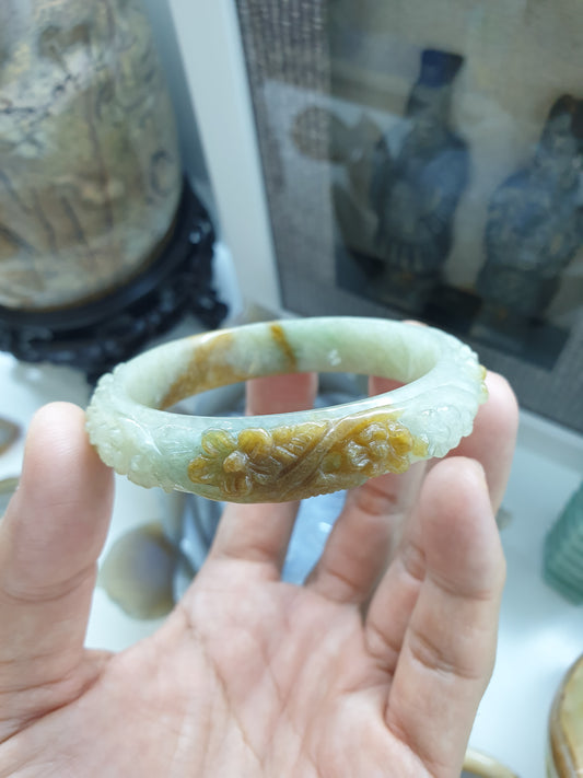 Vintage Jade Floral Bangle (Size 55) | Type A Natural Jadeite | Fortune Wrist Accessory