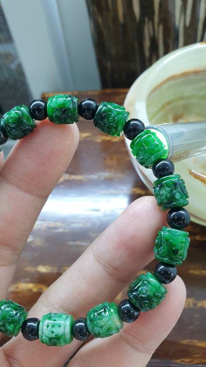 Natural Type A Jadeite Bracelet - Green Cylinder - Black Spacer Beads