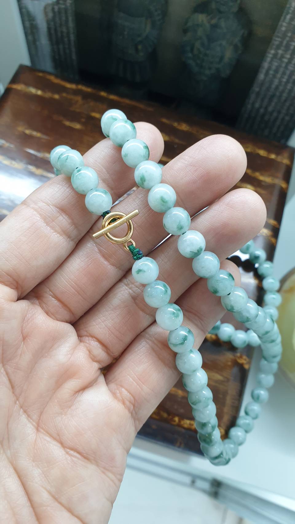 Moss in Snow Jade Beads Necklace (25") | 9K Gold Toggle | Type A Natural Jadeite Vintage Beads